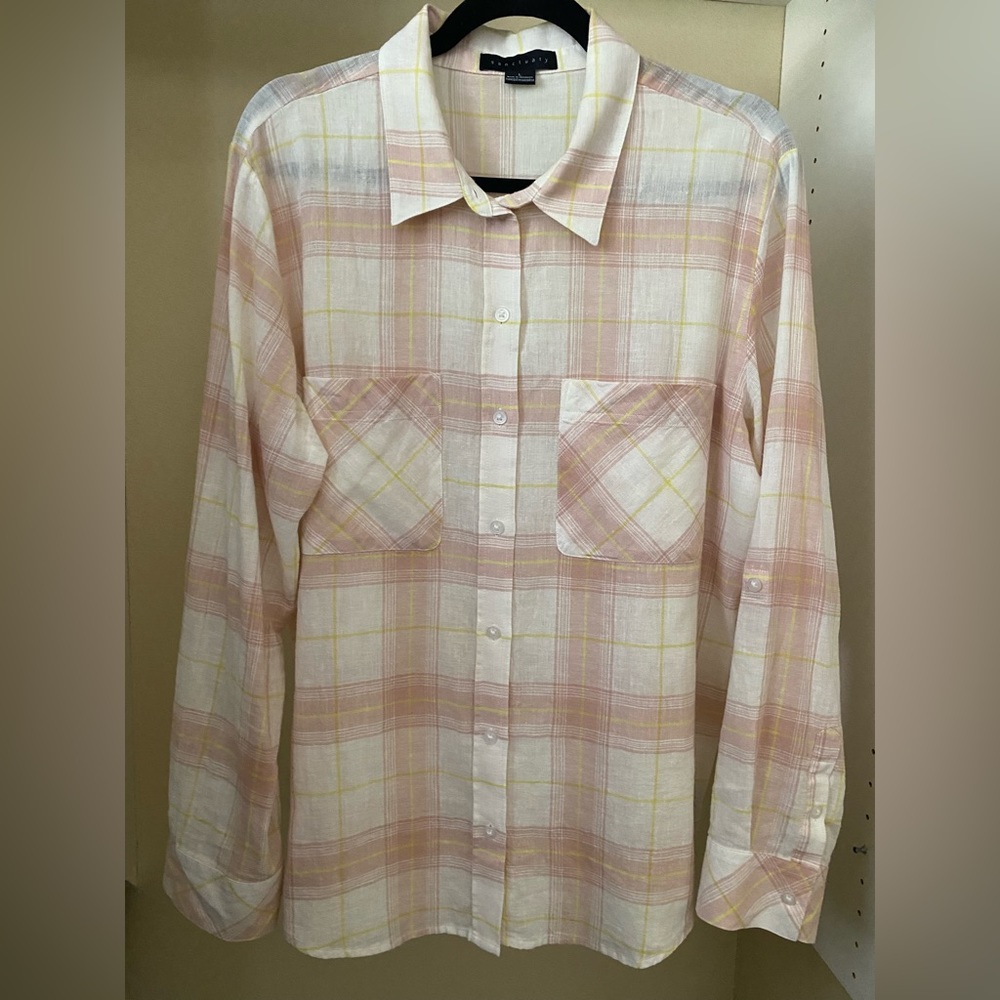 SANCTUARY Pink & Ivory Plaid Linen Shirt L